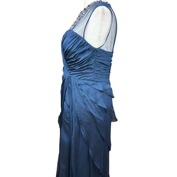Adrianna Papell Blue Beaded Illusion Neck Tiered Chiffon Gown 4 Elegant Bodice - Picture 5 of 16